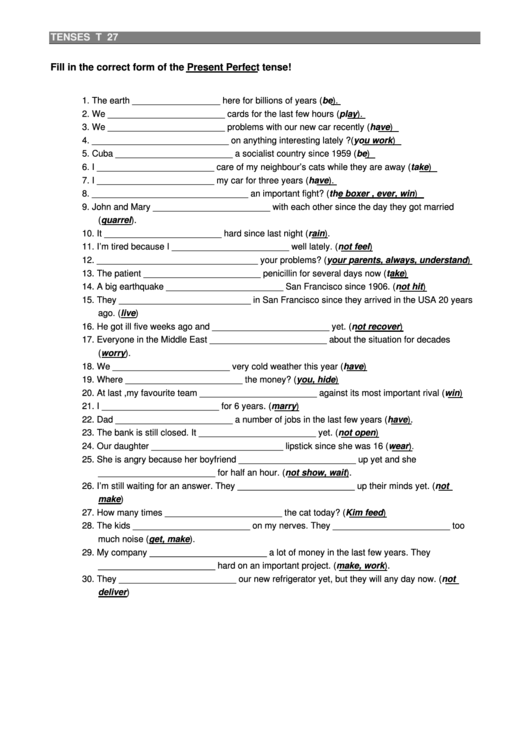 Present Perfect Tense - English Grammar Worksheet Printable pdf