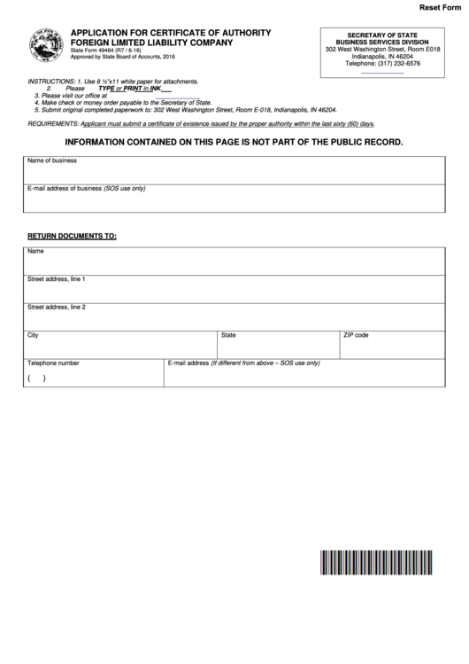 Fillable Form 49464 - Application Form For Certificate Of Authority Foreign Limited Liability Company - 2016 Printable pdf