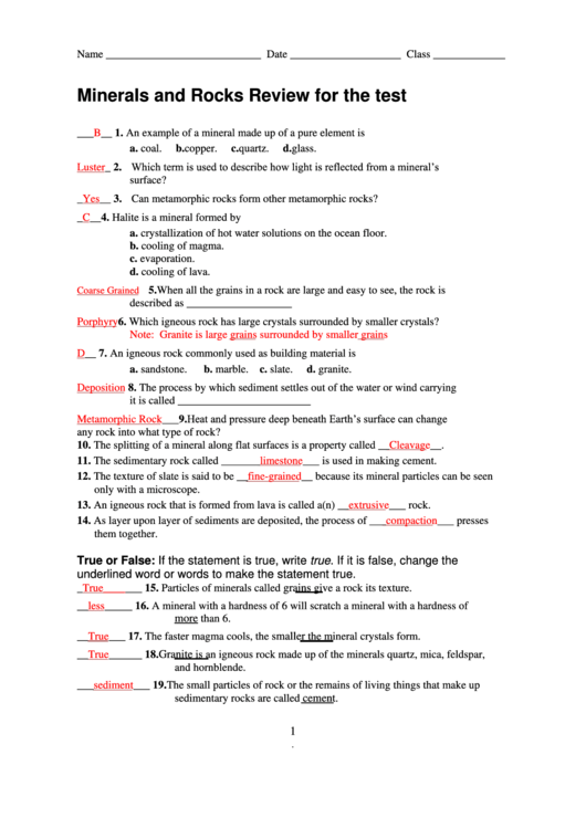 Minerals And Rocks Review For The Test Printable pdf