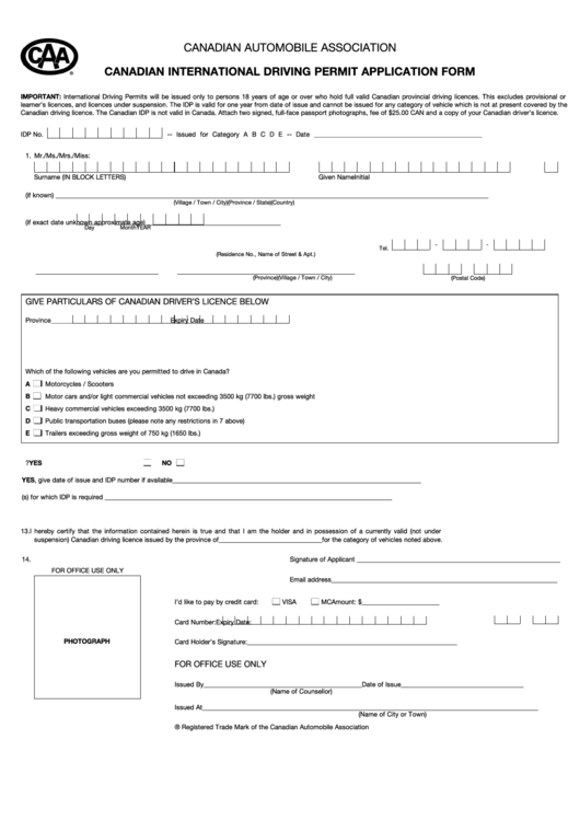 Fillable Canadian International Driving Permit Application Form Printable pdf