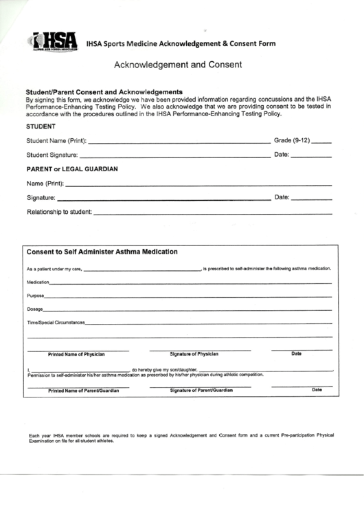 Ihsa Sports Medicine Acknowledgement & Consent Form Printable pdf