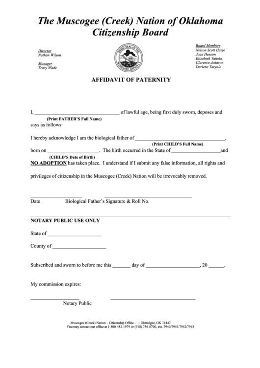Paternity Affidavit Printable pdf