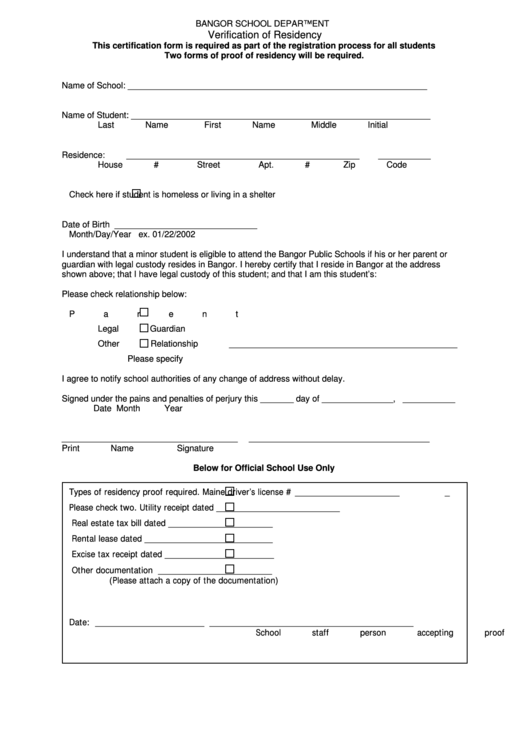 Verification Of Residency Form Printable pdf