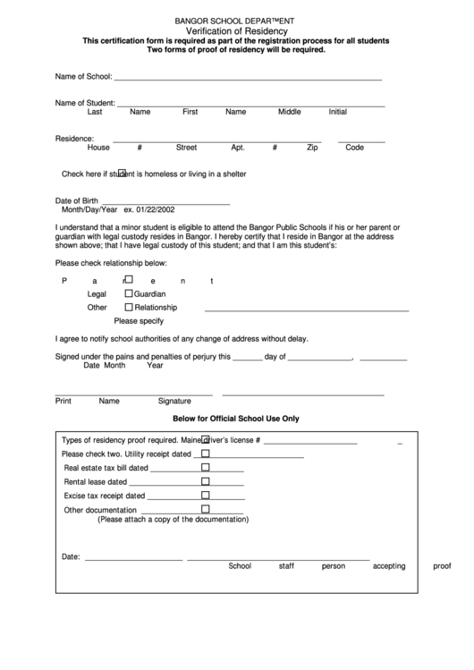 Verification Of Residency Form Printable Pdf Download