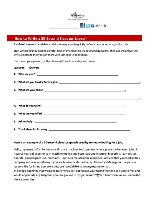 30-Second Elevator Speech Template Printable pdf