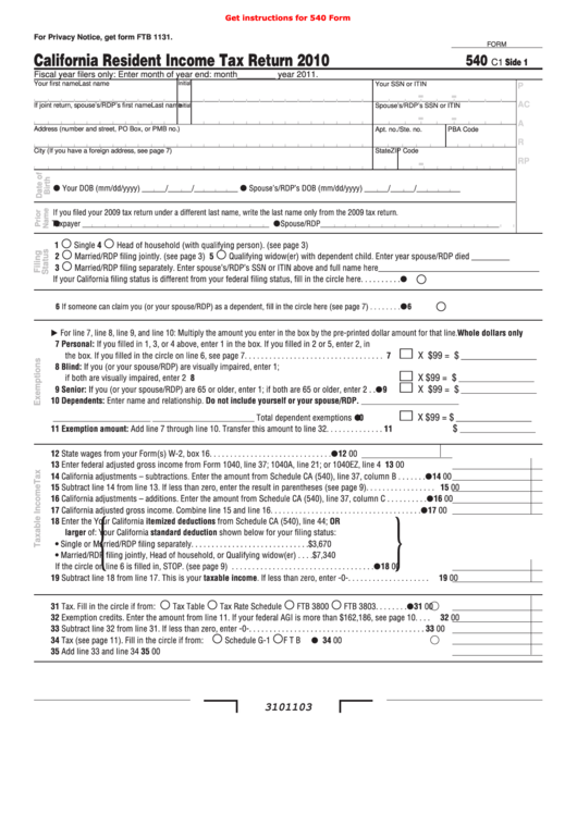 Fillable Form 540 - California Resident Income Tax Return - 2010 Printable pdf