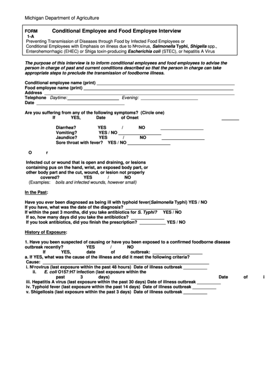 Form 1-A - Conditional Employee And Food Employee Interview - Michigan Printable pdf