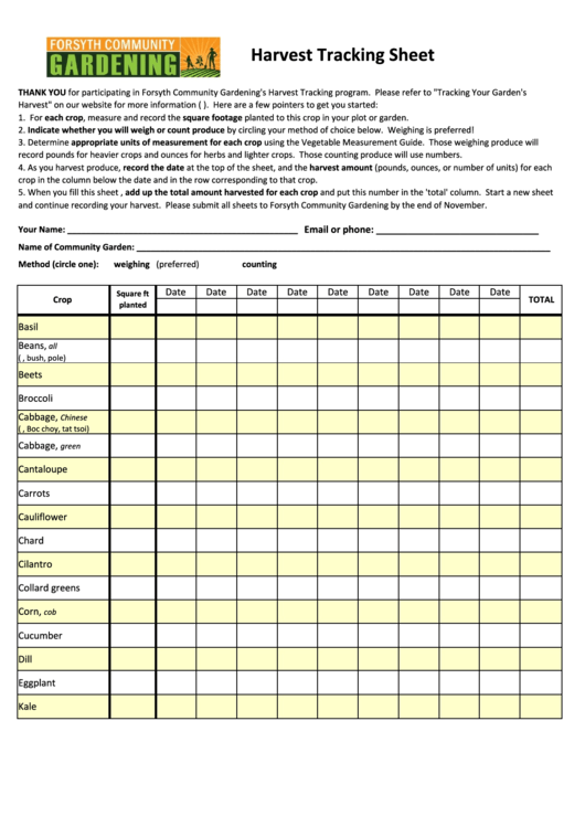Harvest Tracking Sheet Printable pdf