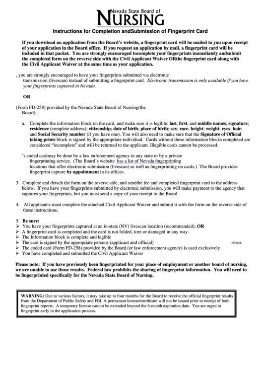 Fingerprint Submission Form - Nevada State Board Of Nursing Printable pdf