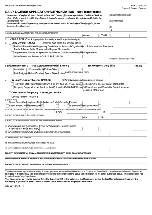 Fillable Daily License Application/authorization printable pdf download