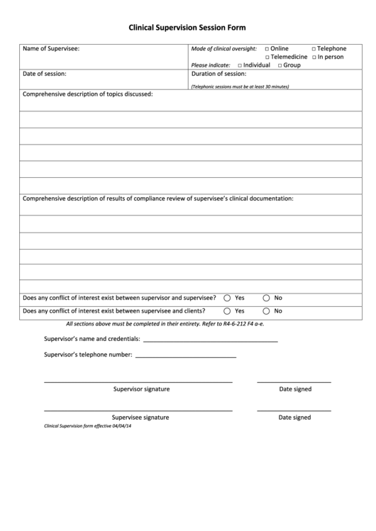 Clinical Supervision Session Form printable pdf download