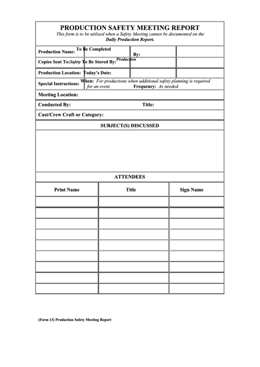Form 13 - Production Safety Meeting Report Printable pdf