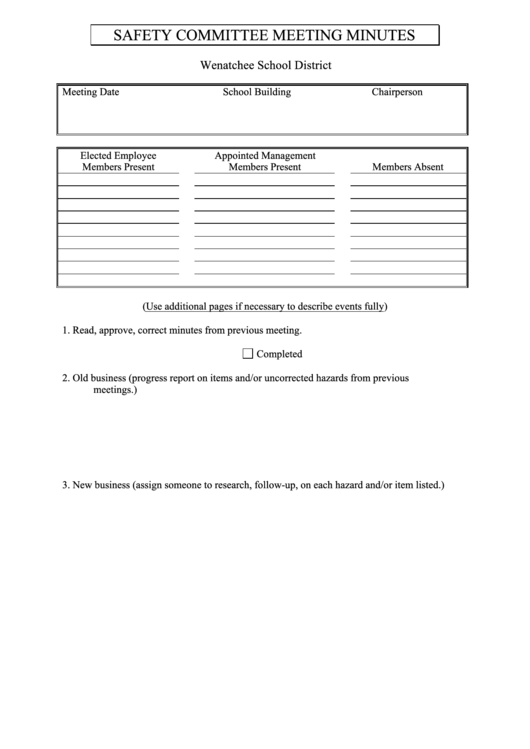 Fillable Safety Committee Meeting Minutes Printable pdf
