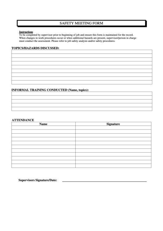 Safety Meeting Form Printable pdf