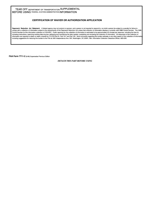 Fillable Faa Form 7711-2 - Application For Certificate Of Waiver Or Authorization Printable pdf