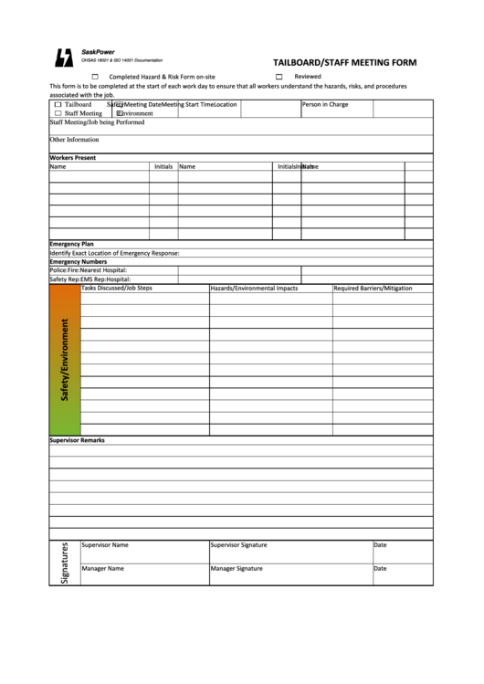 Tailboard/staff Meeting Form Printable pdf