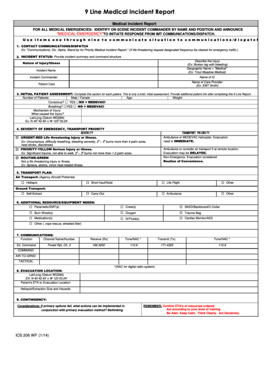 9 Line Medical Incident Report - Ics 206 Wf Printable pdf