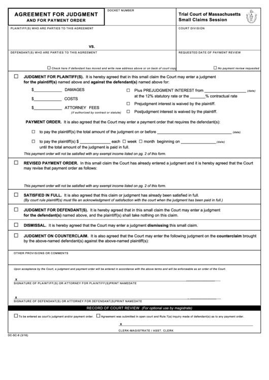 Agreement For Judgment And For Payment Order Printable pdf