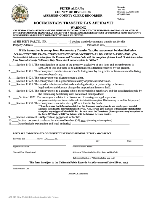 Fillable Documentary Transfer Tax Affidavit Form - County Of Riverside Printable pdf