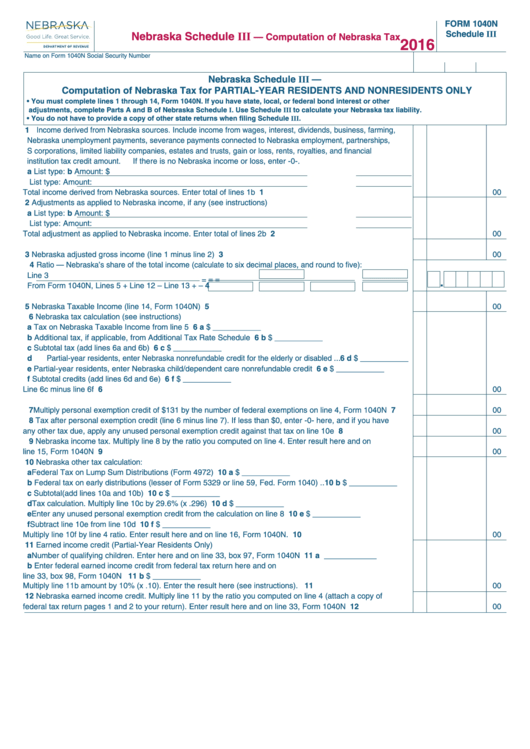 Form 1040n - Nebraska Schedule Iii - Computation Of Nebraska Tax - 2016 Printable pdf