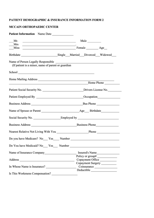 Patient Demographic & Insurance Information Form Printable pdf