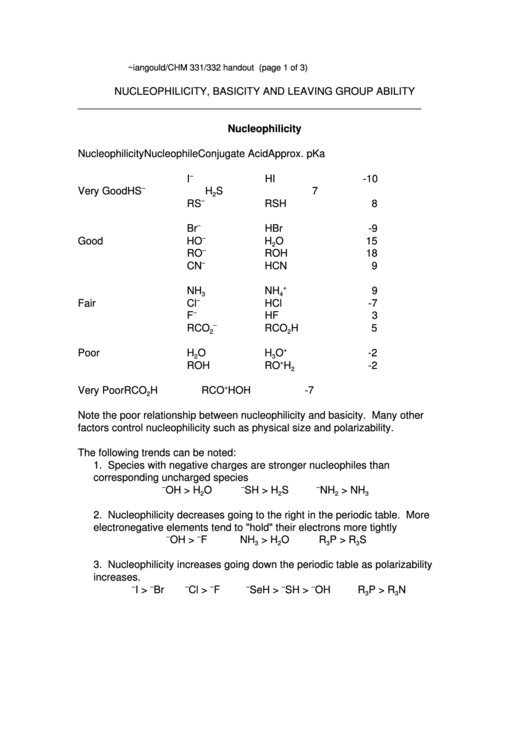 Nucleophilicity, Basicity And Leaving Group Ability Printable pdf