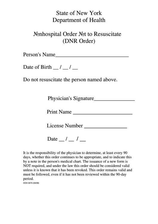 Nonhospital Order Not To Resuscitate (Dnr Order) Form Printable pdf