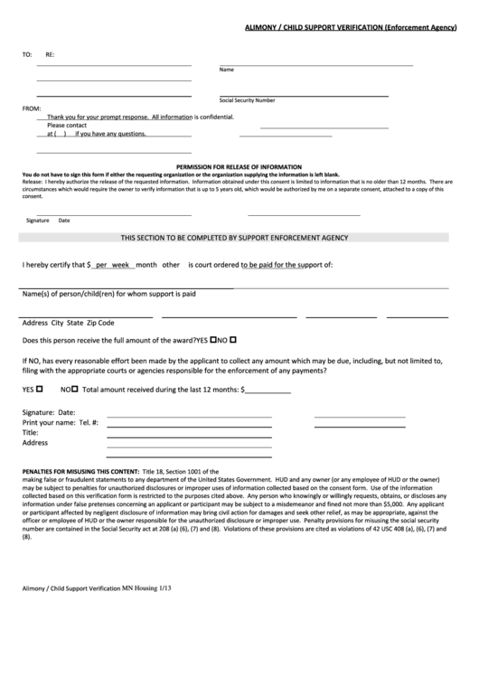 Alimony/child Support Verification Form (Enforcement Agency) - 2013 ...