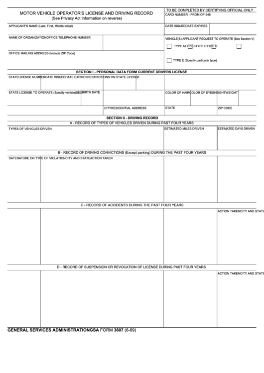 Fillable Gsa3607 Motor Vehicle Operator'S License And Driving Record