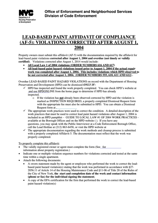 Form Af5 - Affidavit Of Compliance Printable pdf