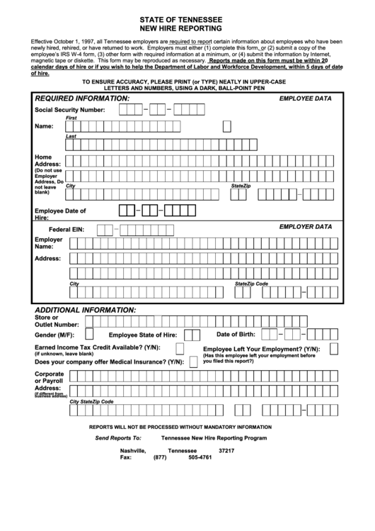 Fillable Tennessee New Hire Reporting Form Printable pdf