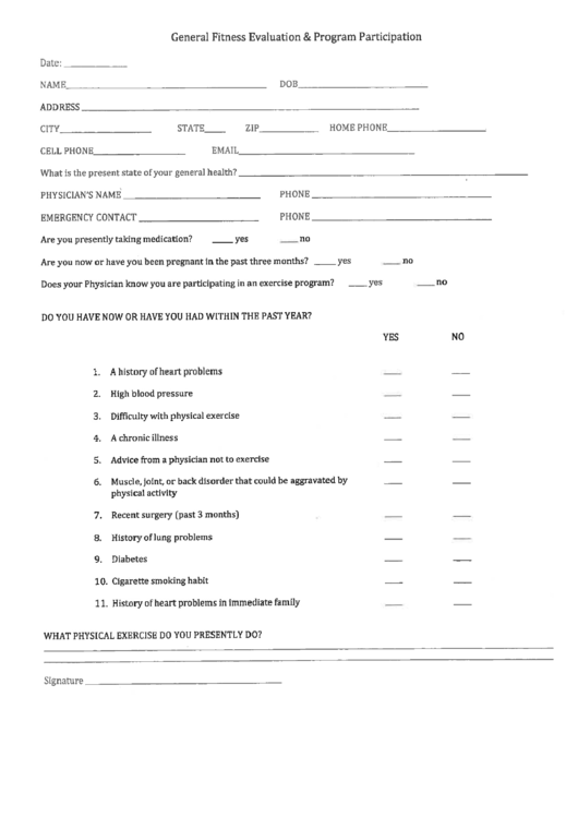 Fitness Evaluation Form Printable pdf