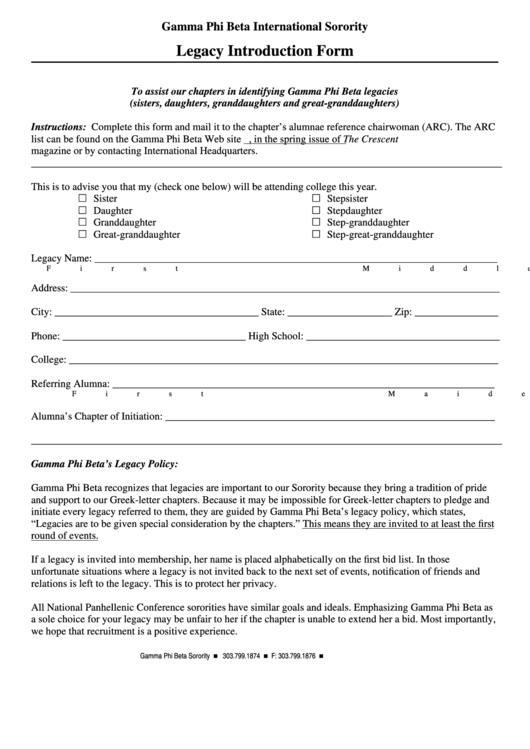 Gamma Phi Beta International Sorority Legacy Introduction Form Printable pdf