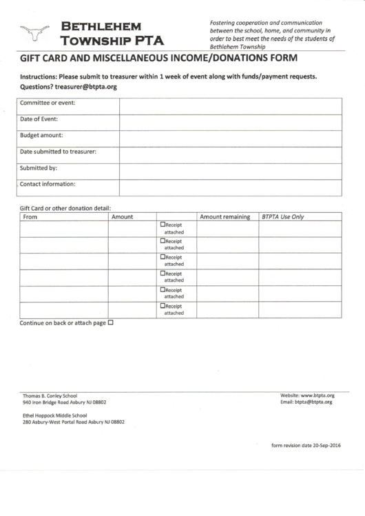 Gift Card And Miscellaneous Income/donations Form Printable pdf