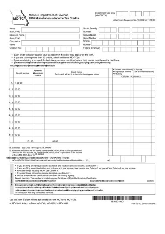 Fillable Form Mo-Tc - Miscellaneous Income Tax Credits - 2016 Printable pdf