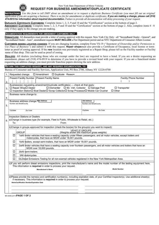 Fillable Form Mv-253g - Request For Business Amendment/duplicate ...