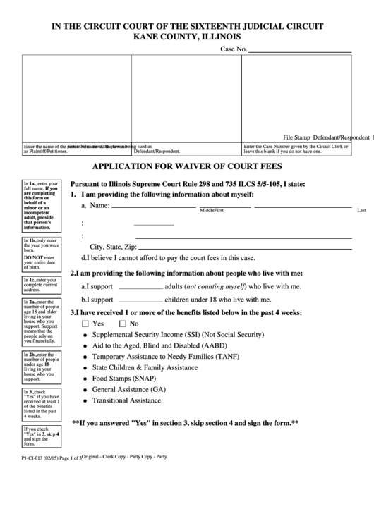 Fillable P1-Ci-013-E- Kane County Judicial Circuit - Application For Waiver Of Court Fees Printable pdf