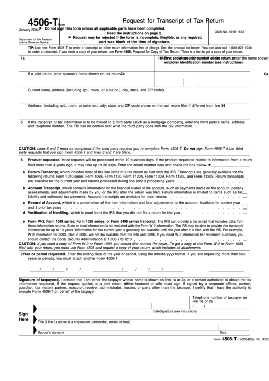 Form 4506T Request For Transcript Of Tax Return, Authorization To