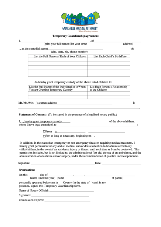 Temporary Guardianship Agreement Printable pdf