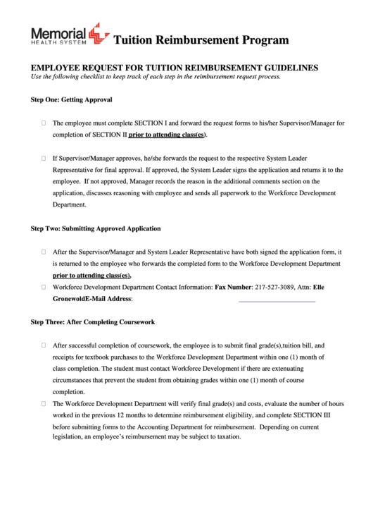 Tuition Reimbursement Form - Memorial Health System Printable pdf