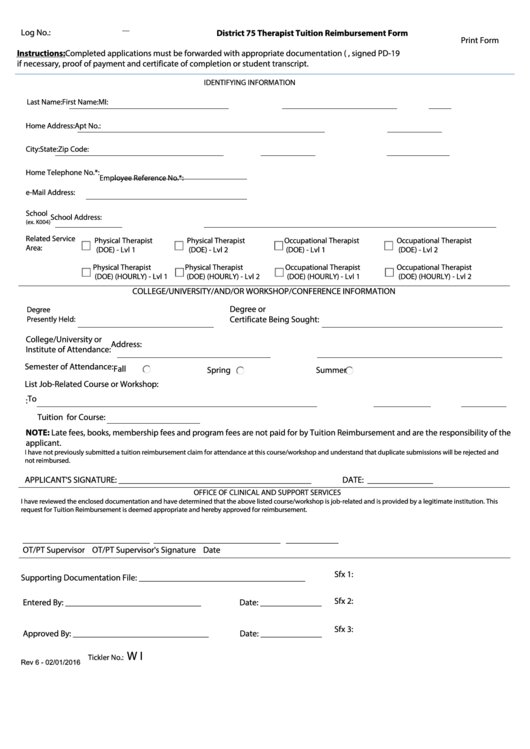 District 75 Therapist Tuition Reimbursement Form