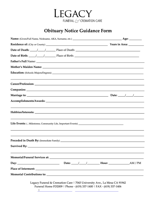 Obituary Notice Guidance Form Printable pdf