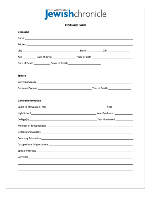 Obituary Form Printable pdf