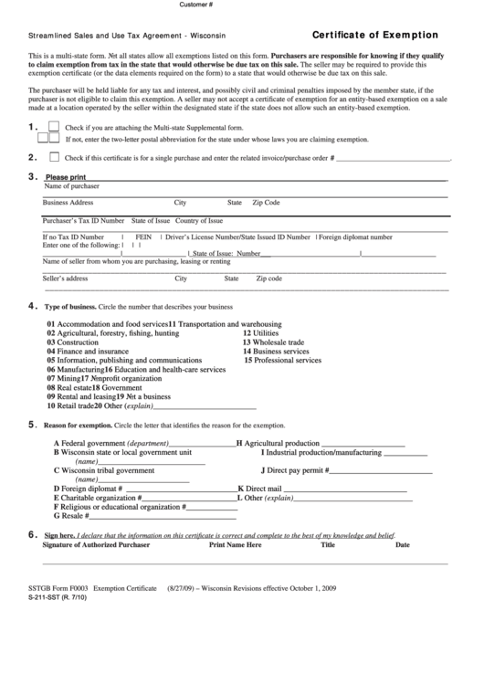 Fillable Form S-211-Sst - Wisconsin Streamlined Sales And Use Tax Agreement - Certificate Of Exemption - 2010 Printable pdf