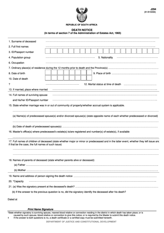 Fillable Form J294 - Death Notice - Republic Of South Africa - Department Of Justice Printable pdf