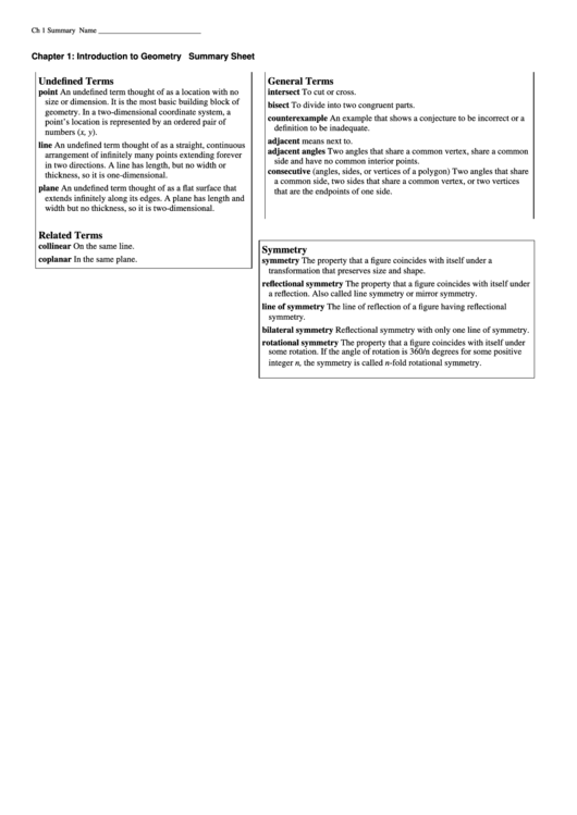 Introduction To Geometry Summary Sheet Printable pdf