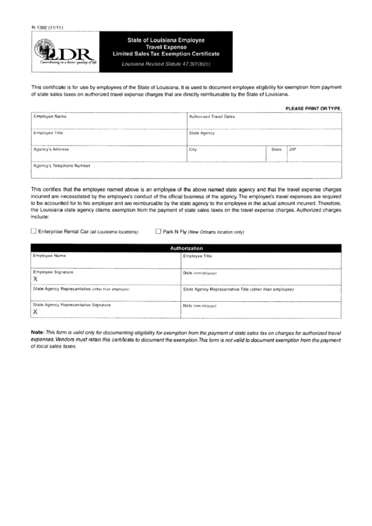 Fillable State Of Louisiana Employee Travel Expense Limited Sales Tax Exemption Certificate 0726