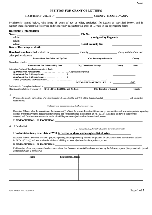 Fillable Petition For Grant Of Letters Form - Pennsylvania Printable pdf