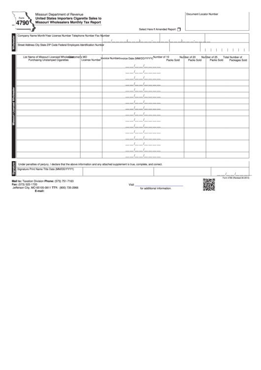 Fillable Form 4790 - United States Importers Cigarette Sales To Missouri Wholesalers Monthly Tax Report Printable pdf