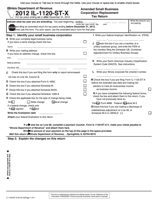 Fillable Form Il-1120-St-X - Amended Small Business Corporation Replacement Tax Return - 2012 Printable pdf